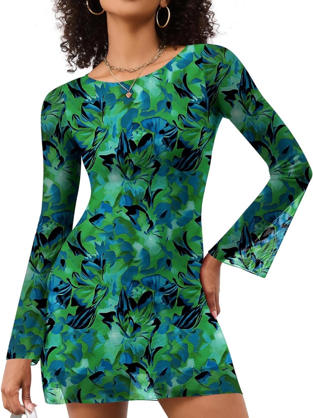 Long Sleeve Green Floral A-Line Mini Dress